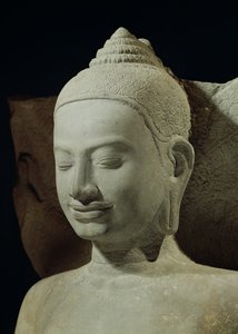 ナーガキングの瞑想中の仏、ムシリンダ、プレヤカーン、バイヨンスタイル、12〜13世紀の砂岩の仏頭の詳細